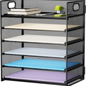 Marbrasse 6 Tier Paper Organizer Letter Tray - Mesh Desk File Organizer with Handle, Paper Sorter Organizer for Letter/A4 Office File Folder Holder - Black