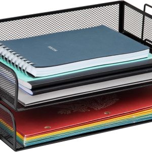 Mind Reader Stackable Paper Tray, 2 Pcs., Desktop Organizer, File Storage, Office, Metal Mesh, 14" L x 9.75" W x 6" H, Black